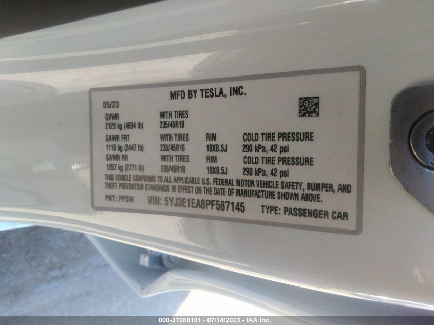 Photo 8 VIN: 5YJ3E1EA8PF587145 - TESLA MODEL 3 