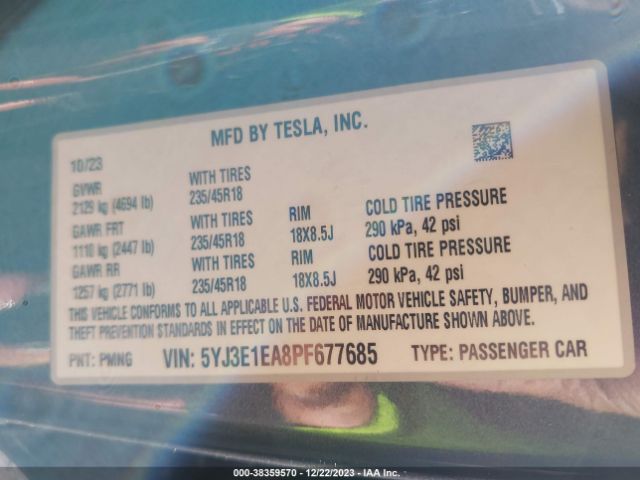 Photo 8 VIN: 5YJ3E1EA8PF677685 - TESLA MODEL 3 