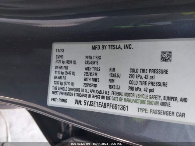 Photo 8 VIN: 5YJ3E1EA8PF691361 - TESLA MODEL 3 