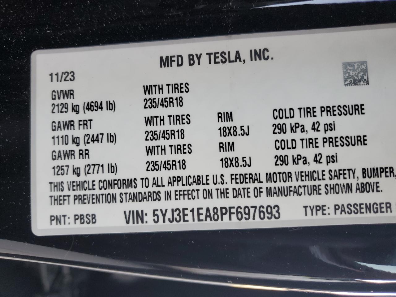 Photo 11 VIN: 5YJ3E1EA8PF697693 - TESLA MODEL 3 