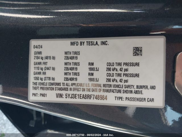 Photo 8 VIN: 5YJ3E1EA8RF748984 - TESLA MODEL 3 