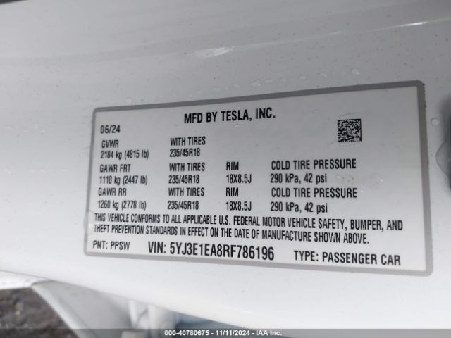 Photo 8 VIN: 5YJ3E1EA8RF786196 - TESLA MODEL 3 