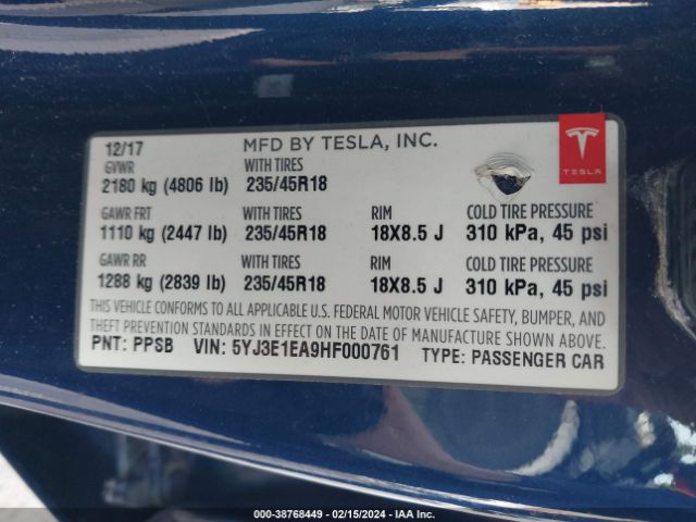 Photo 8 VIN: 5YJ3E1EA9HF000761 - TESLA MODEL 3 