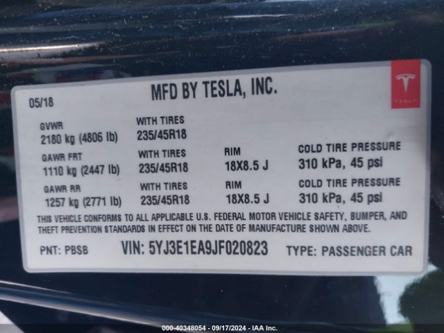 Photo 8 VIN: 5YJ3E1EA9JF020823 - TESLA MODEL 3 