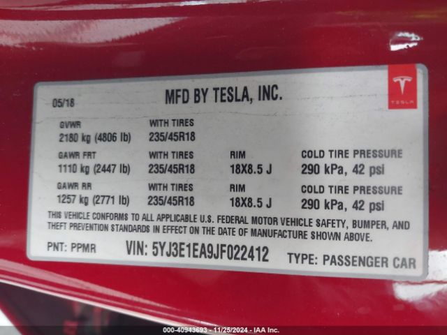 Photo 8 VIN: 5YJ3E1EA9JF022412 - TESLA MODEL 3 