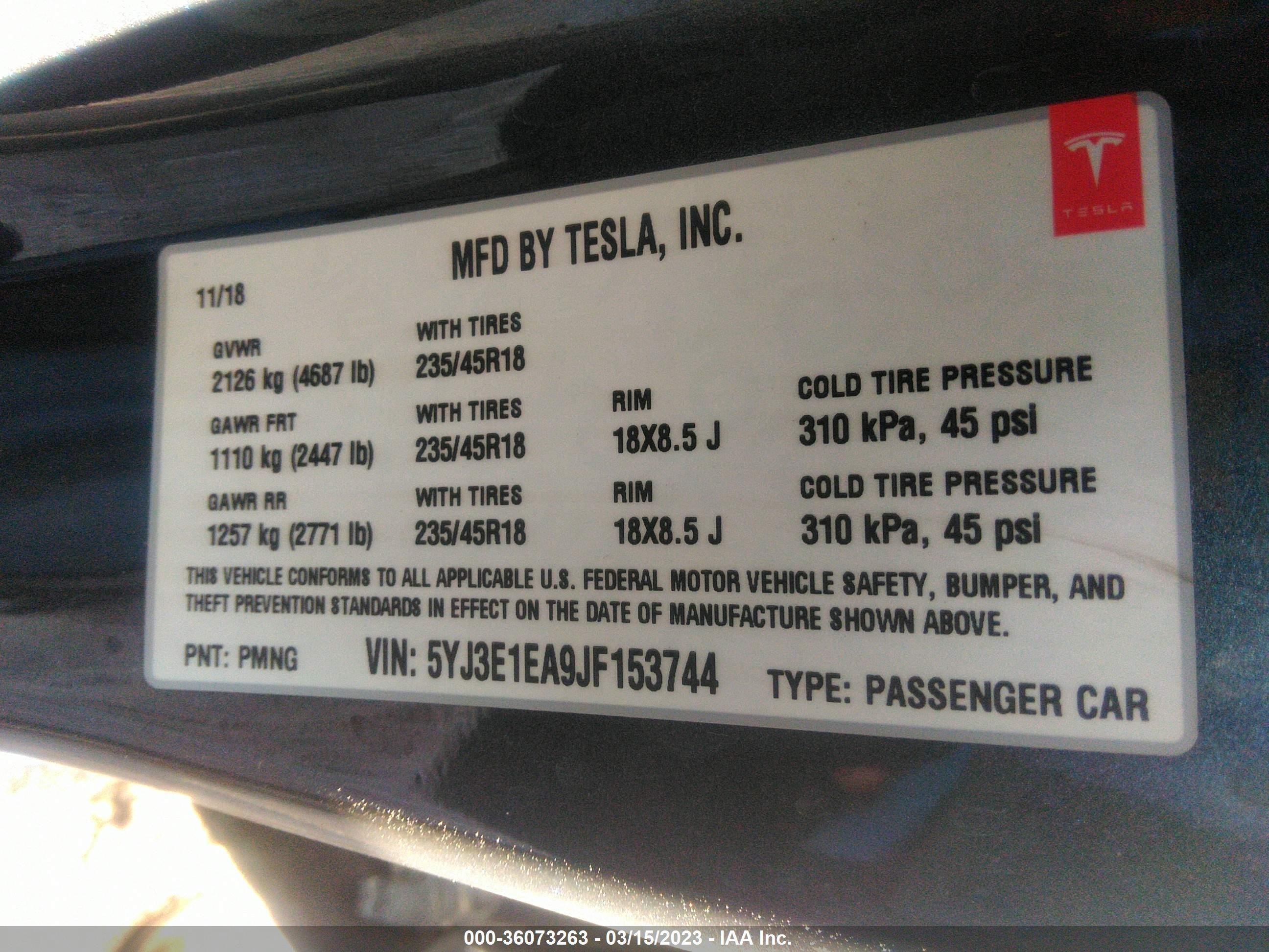 Photo 8 VIN: 5YJ3E1EA9JF153744 - TESLA MODEL 3 