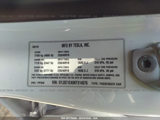 Photo 8 VIN: 5YJ3E1EA9KF314076 - TESLA MODEL 3 