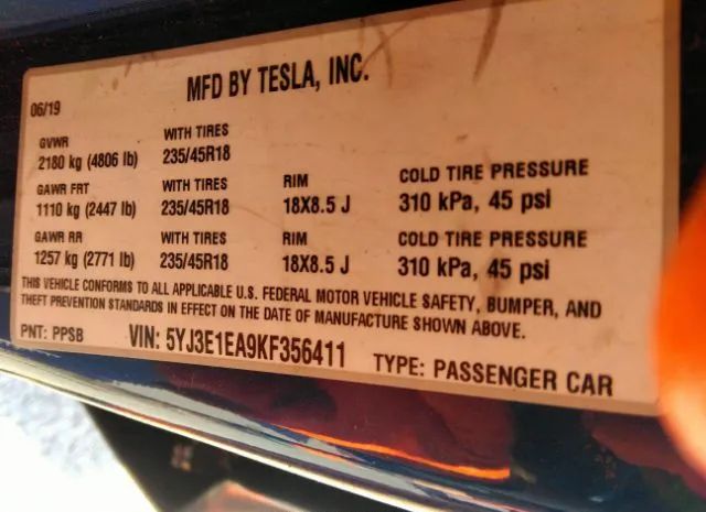 Photo 8 VIN: 5YJ3E1EA9KF356411 - TESLA MODEL 3 