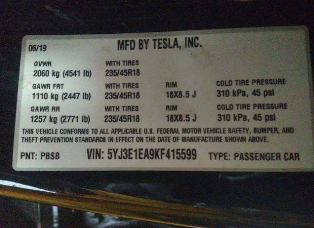 Photo 8 VIN: 5YJ3E1EA9KF415599 - TESLA MODEL 3 