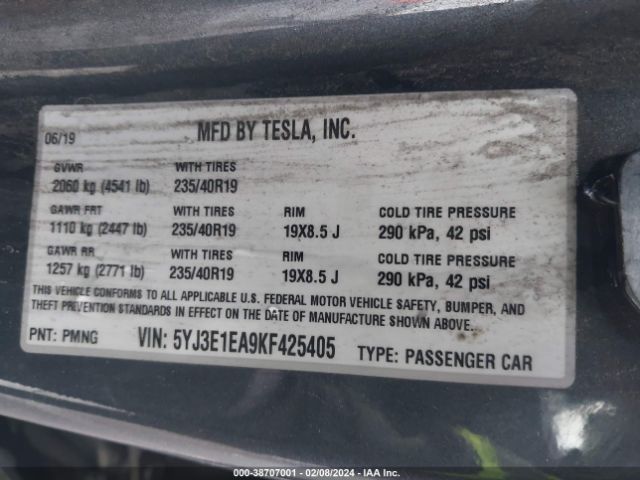 Photo 8 VIN: 5YJ3E1EA9KF425405 - TESLA MODEL 3 