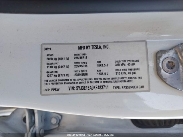 Photo 8 VIN: 5YJ3E1EA9KF483711 - TESLA MODEL 3 