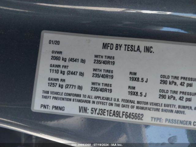 Photo 8 VIN: 5YJ3E1EA9LF645662 - TESLA MODEL 3 