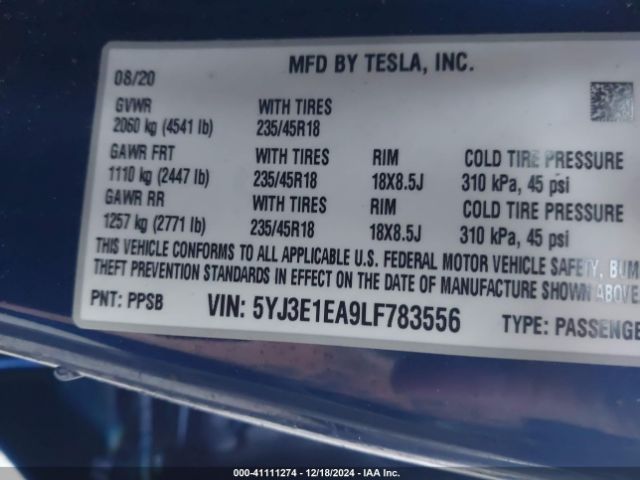 Photo 8 VIN: 5YJ3E1EA9LF783556 - TESLA MODEL 3 