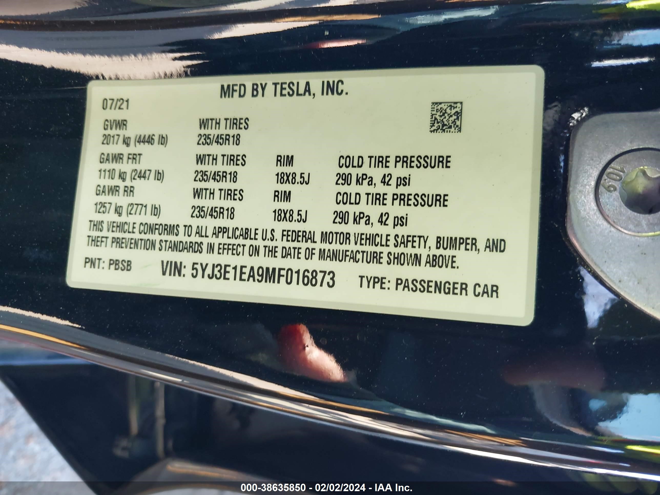 Photo 7 VIN: 5YJ3E1EA9MF016873 - TESLA MODEL 3 