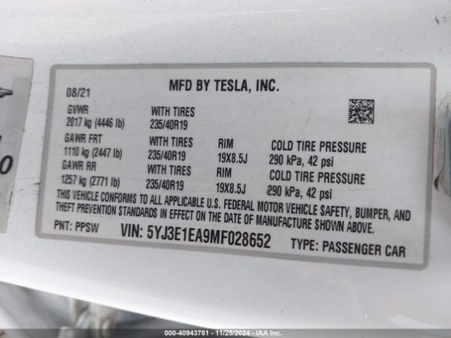 Photo 8 VIN: 5YJ3E1EA9MF028652 - TESLA MODEL 3 