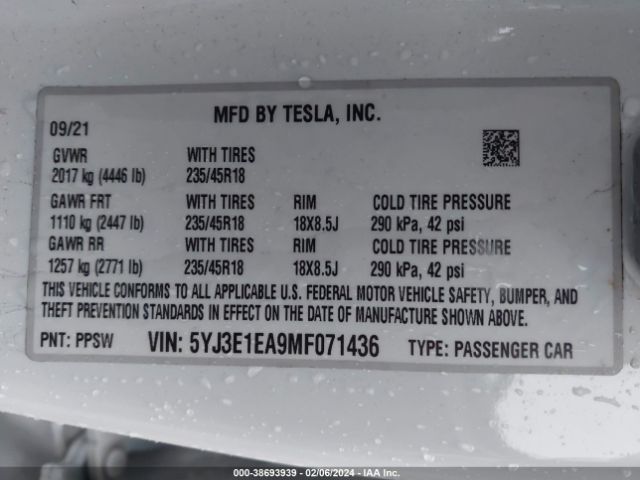 Photo 8 VIN: 5YJ3E1EA9MF071436 - TESLA MODEL 3 