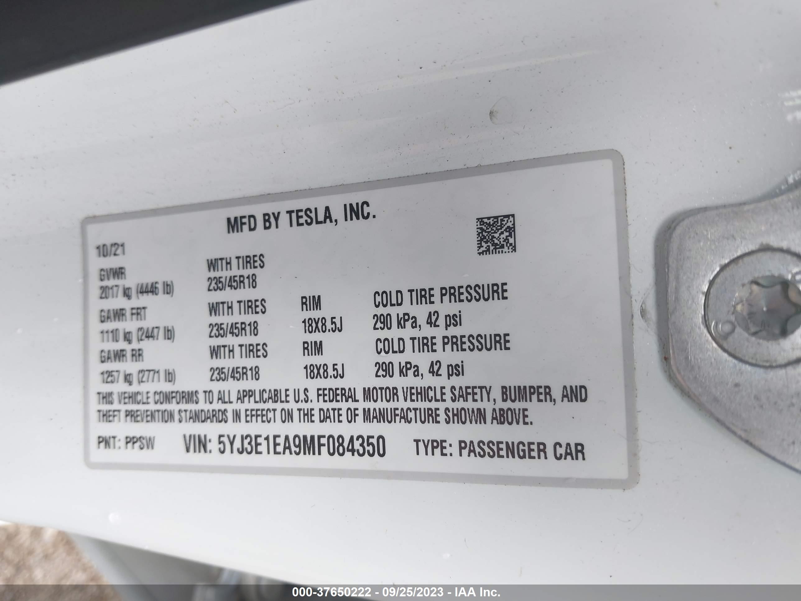 Photo 8 VIN: 5YJ3E1EA9MF084350 - TESLA MODEL 3 