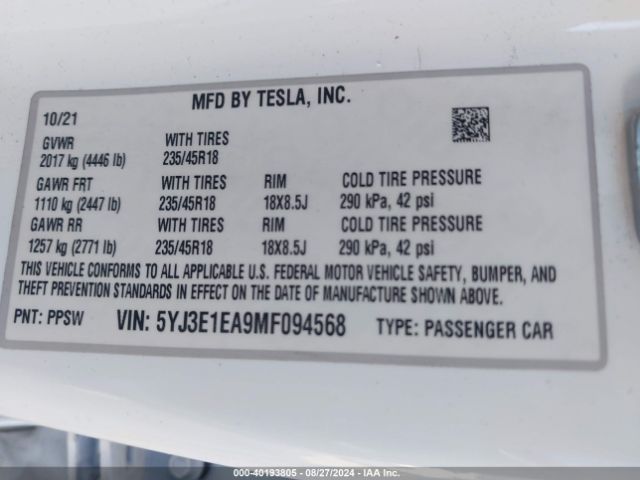 Photo 8 VIN: 5YJ3E1EA9MF094568 - TESLA MODEL 3 