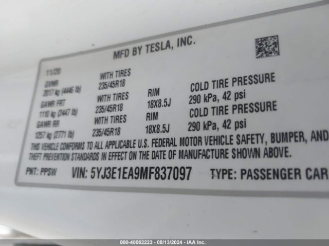 Photo 8 VIN: 5YJ3E1EA9MF837097 - TESLA MODEL 3 