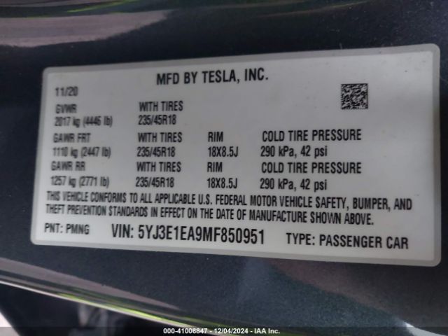 Photo 8 VIN: 5YJ3E1EA9MF850951 - TESLA MODEL 3 