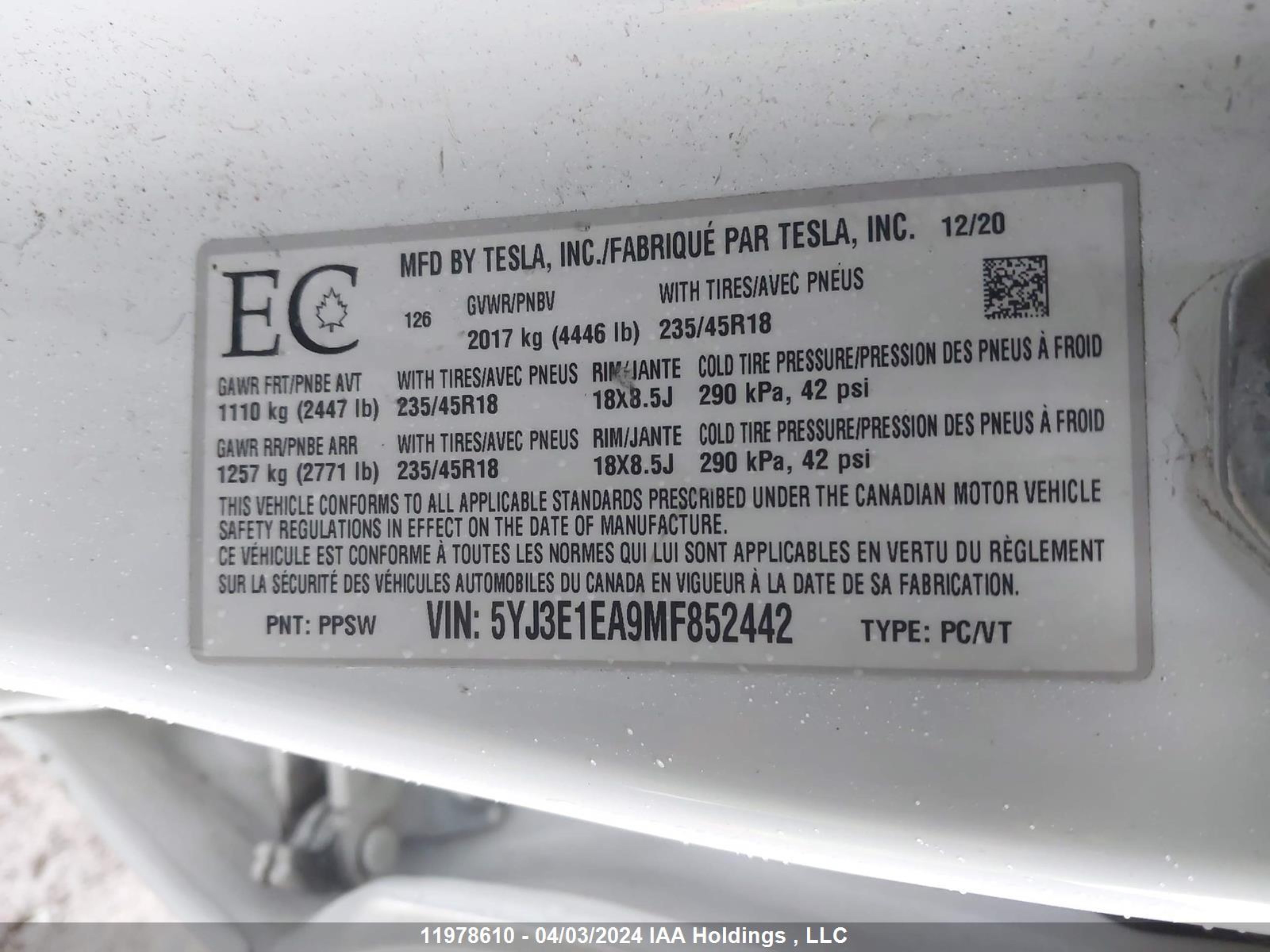 Photo 8 VIN: 5YJ3E1EA9MF852442 - TESLA MODEL 3 