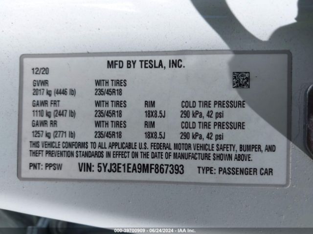 Photo 8 VIN: 5YJ3E1EA9MF867393 - TESLA MODEL 3 