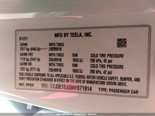 Photo 8 VIN: 5YJ3E1EA9MF871914 - TESLA MODEL 3 