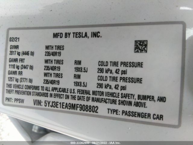 Photo 8 VIN: 5YJ3E1EA9MF908802 - TESLA MODEL 3 