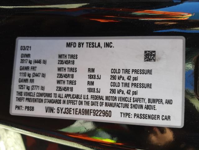 Photo 9 VIN: 5YJ3E1EA9MF922960 - TESLA MODEL 3 