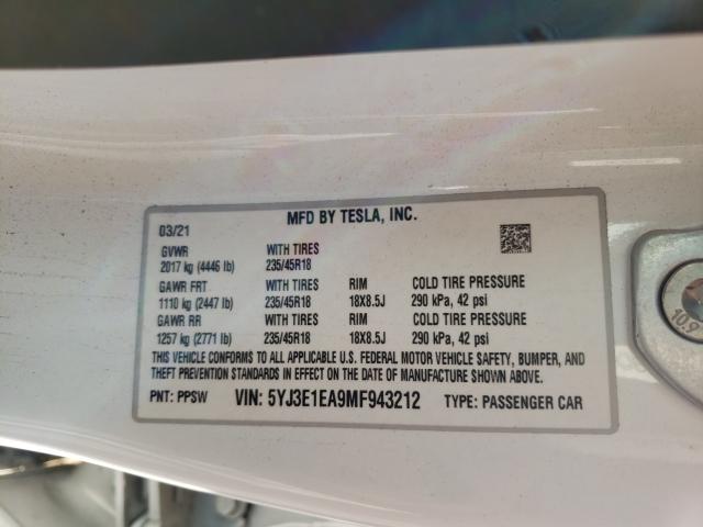 Photo 9 VIN: 5YJ3E1EA9MF943212 - TESLA MODEL 3 