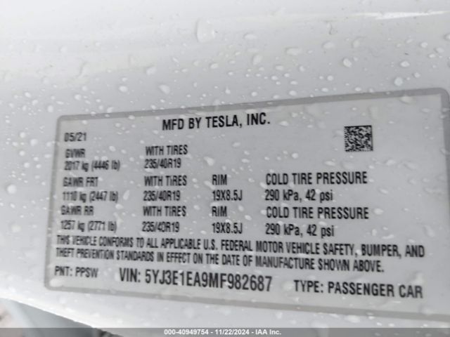 Photo 8 VIN: 5YJ3E1EA9MF982687 - TESLA MODEL 3 