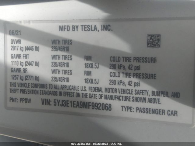 Photo 8 VIN: 5YJ3E1EA9MF992068 - TESLA MODEL 3 