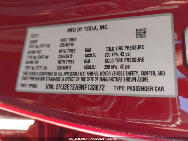 Photo 8 VIN: 5YJ3E1EA9NF133872 - TESLA MODEL 3 