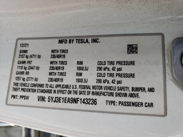 Photo 11 VIN: 5YJ3E1EA9NF143236 - TESLA MODEL 3 