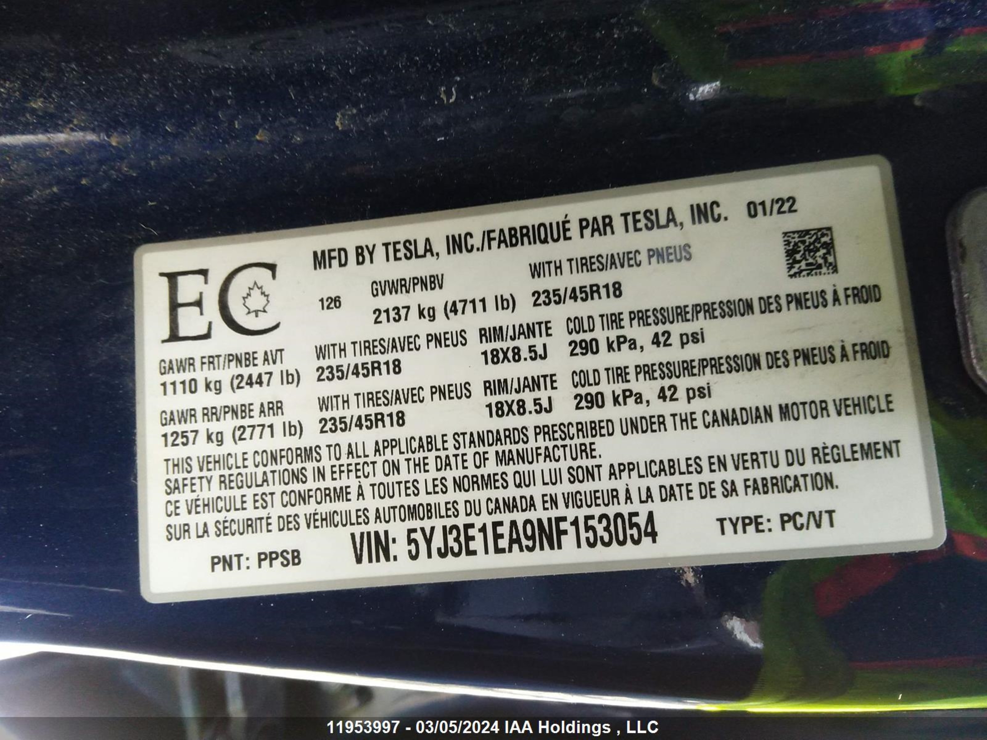 Photo 8 VIN: 5YJ3E1EA9NF153054 - TESLA MODEL 3 