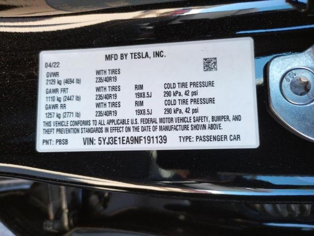 Photo 12 VIN: 5YJ3E1EA9NF191139 - TESLA MODEL 3 