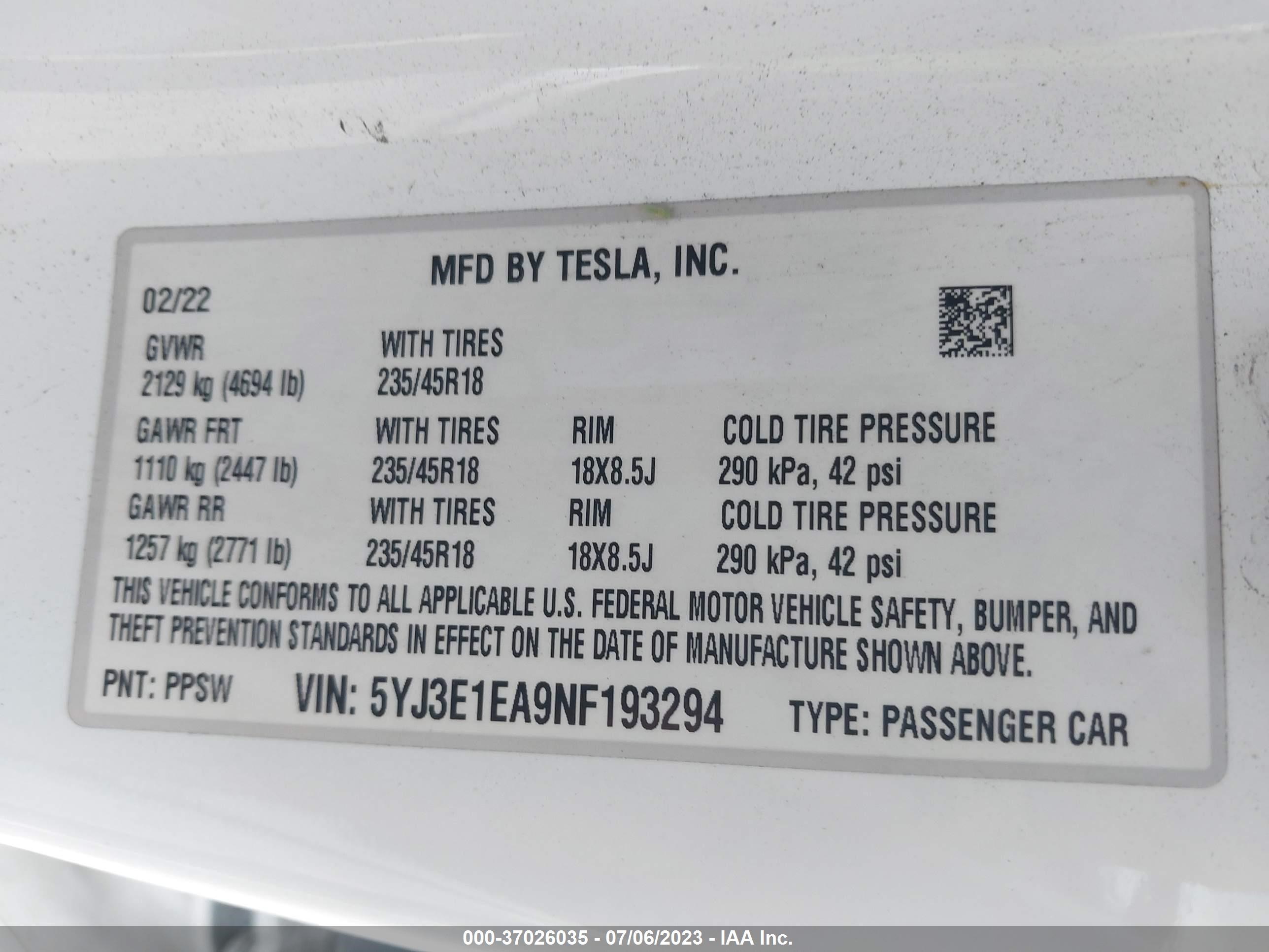 Photo 8 VIN: 5YJ3E1EA9NF193294 - TESLA MODEL 3 