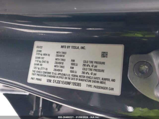 Photo 8 VIN: 5YJ3E1EA9NF199385 - TESLA MODEL 3 