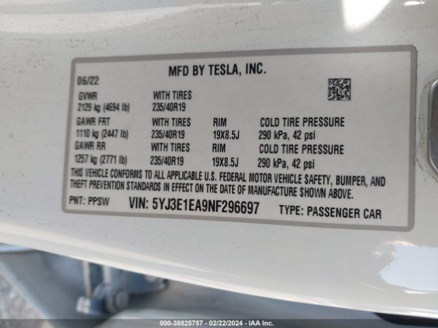 Photo 8 VIN: 5YJ3E1EA9NF296697 - TESLA MODEL 3 