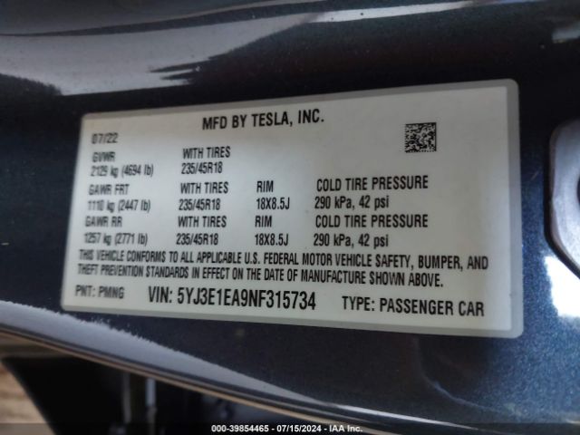 Photo 8 VIN: 5YJ3E1EA9NF315734 - TESLA MODEL 3 