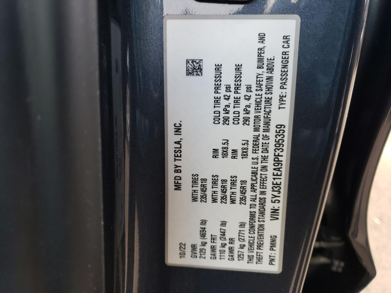 Photo 11 VIN: 5YJ3E1EA9PF395359 - TESLA MODEL 3 