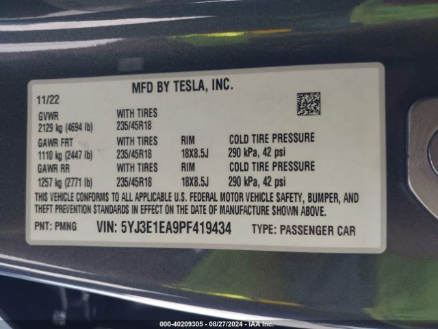 Photo 8 VIN: 5YJ3E1EA9PF419434 - TESLA MODEL 3 