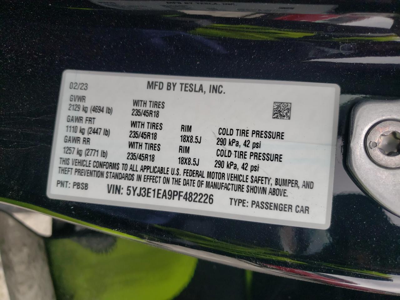 Photo 11 VIN: 5YJ3E1EA9PF482226 - TESLA MODEL 3 