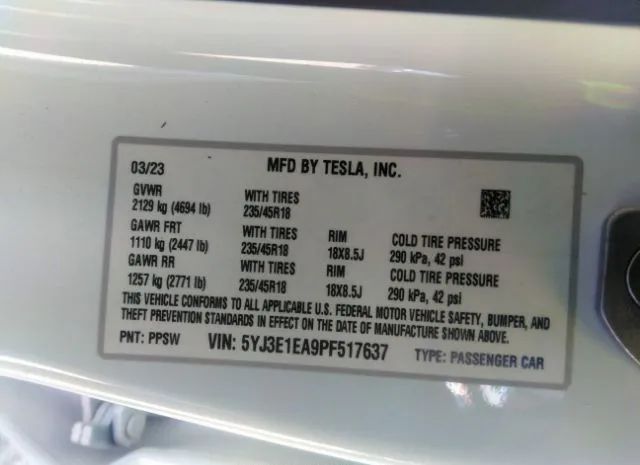 Photo 8 VIN: 5YJ3E1EA9PF517637 - TESLA MODEL 3 