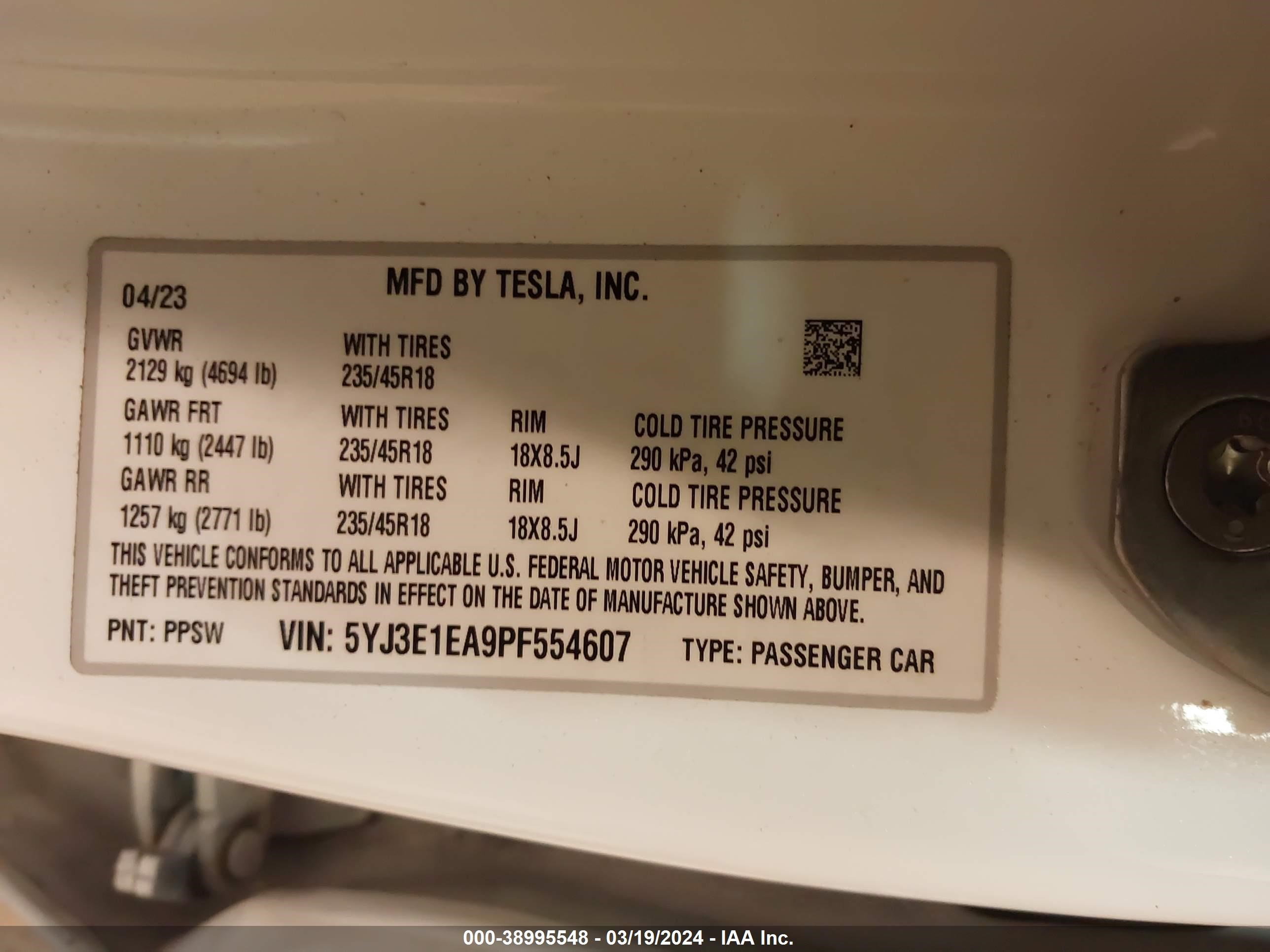 Photo 10 VIN: 5YJ3E1EA9PF554607 - TESLA MODEL 3 