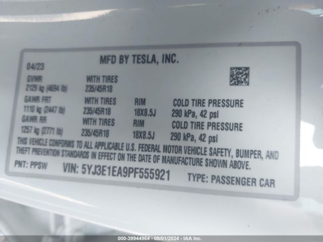 Photo 8 VIN: 5YJ3E1EA9PF555921 - TESLA MODEL 3 