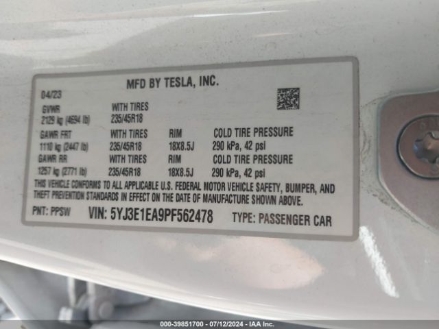 Photo 8 VIN: 5YJ3E1EA9PF562478 - TESLA MODEL 3 