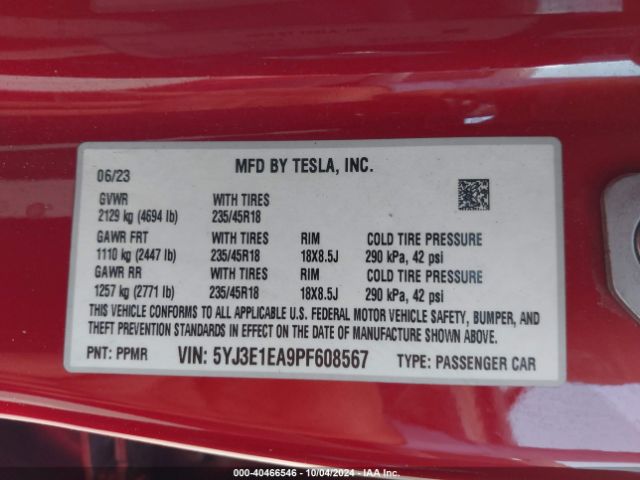 Photo 8 VIN: 5YJ3E1EA9PF608567 - TESLA MODEL 3 