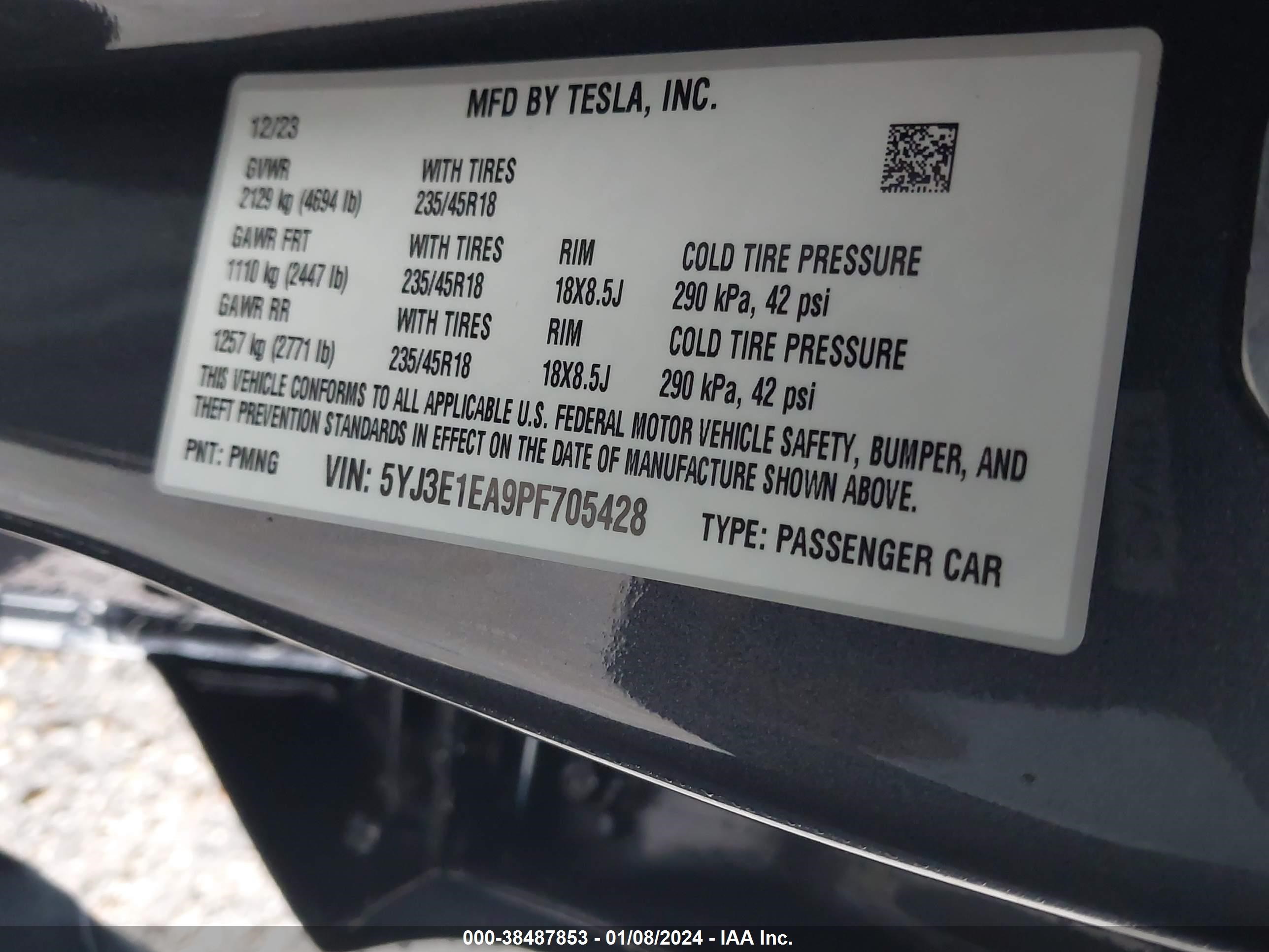 Photo 4 VIN: 5YJ3E1EA9PF705428 - TESLA MODEL 3 