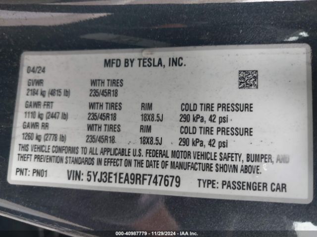 Photo 8 VIN: 5YJ3E1EA9RF747679 - TESLA MODEL 3 